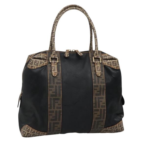 FENDI Zucchino Hand Bag Coated Canvas Pvc Black Gold - Picture 1 of 12
